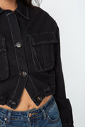 Casual Button Down Jacket With Pockets, Color: Black (Detailed View)