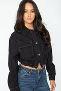 Casual Button Down Jacket With Pockets, Color: Black (Profile View)