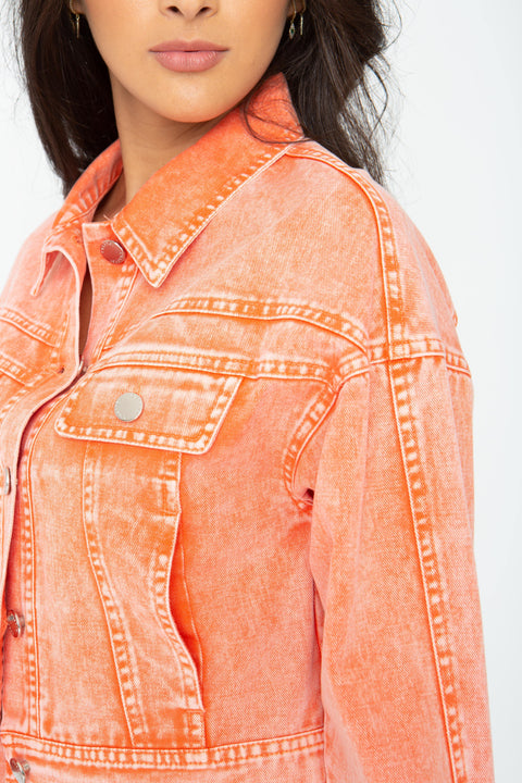 Acid Washed Denim Jacket, Color: Orange (Detailed View)