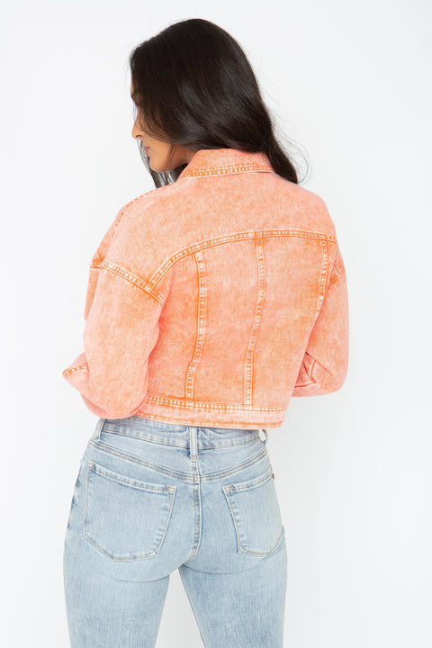 Acid Washed Denim Jacket, Color: Orange (Back View)