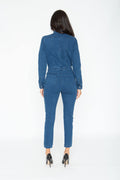 Collar Denim Jumpsuit with Pockets. Color: Dark ( Back View)