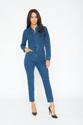 Collar Denim Jumpsuit with Pockets. Color: Dark ( Front View)