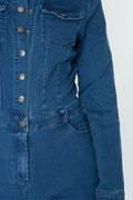 Collar Denim Jumpsuit with Pockets. Color: Dark (Detail View)