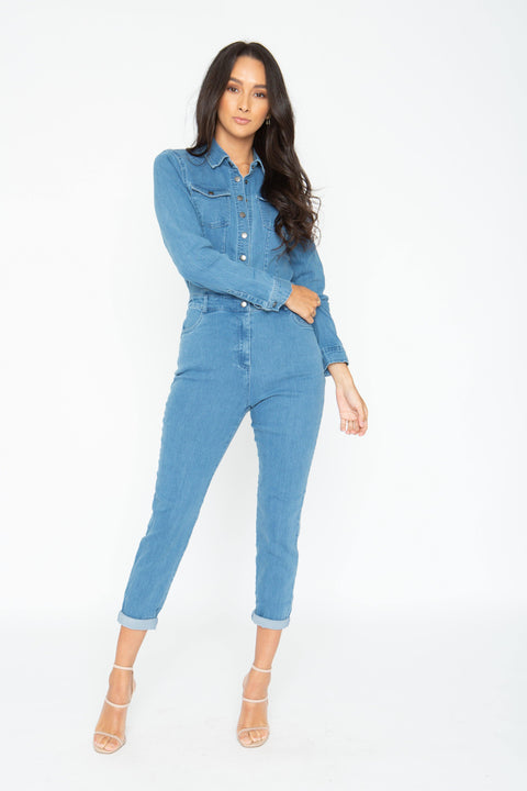 Collar Denim Jumpsuit with Pockets. Color: Medium ( Front View)